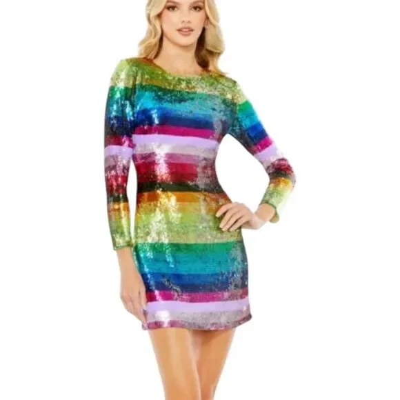 Mac Duggal 93724 Rainbow Sequin Long Sleeve Mini Cocktail Dress2